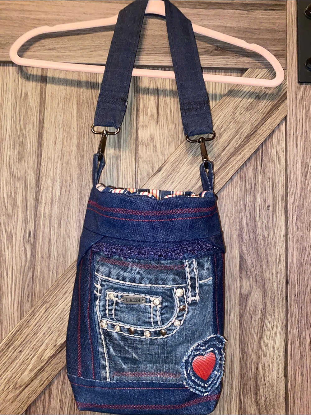 Upcycled Denim Shoulder Bag Upcycled Jean Purse Red White Stripe L.A. Idol
